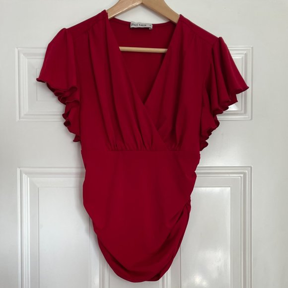 Grace Karin Flutter Sleeve Surplice Wrap Blouse - Picture 2 of 6